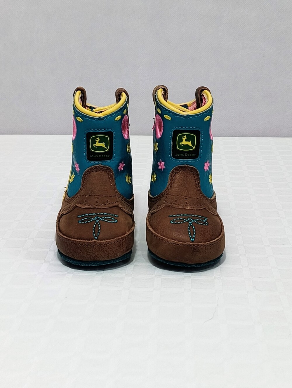 John Deere Brown & Teal Toddler Western Boots with Pink & Yellow Accents - Picture 2 of 8